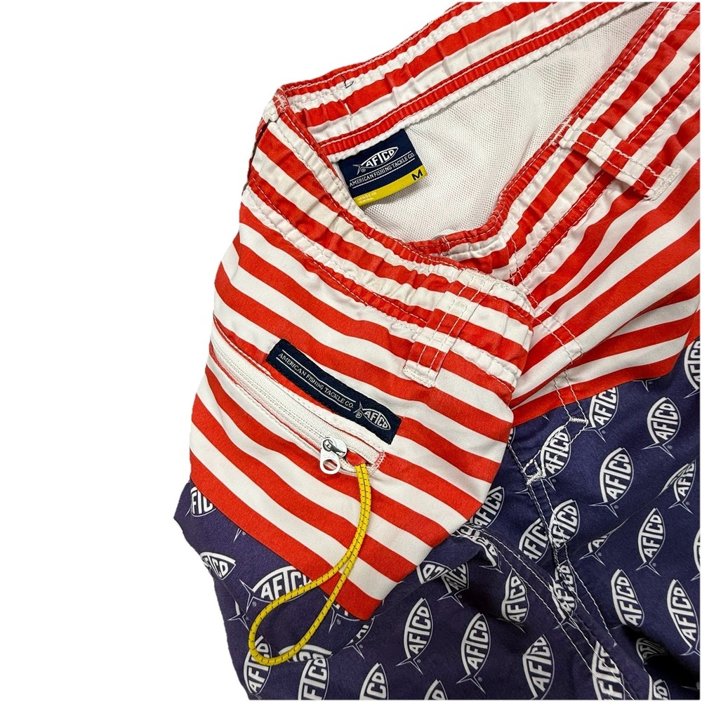 AFTCO Mens Medium Red White Blue Flag Fish All‎ Over Print Swim Shorts Lined